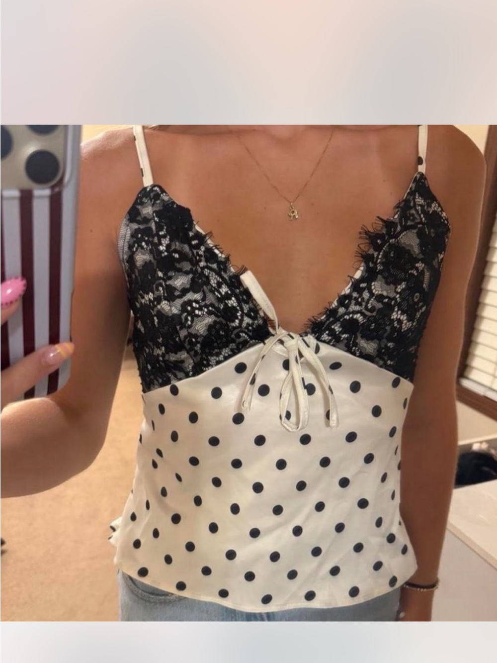 Black Lace & White Polka Dot Satin Cami Top